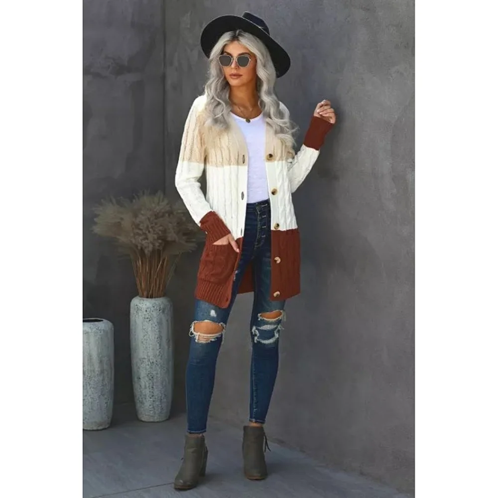 Colorblock Knit Cardigan With Pockets - Picture 4 of 6